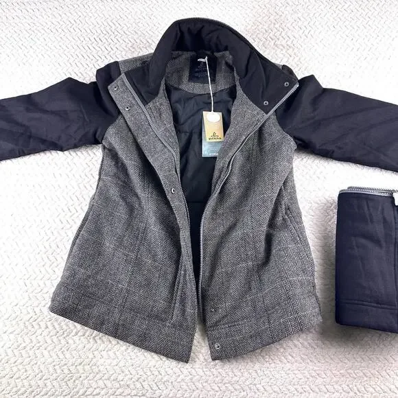 PrAna Women's Herringbone Wool Blend Caprise Insulated Convertible Jacket Gravel